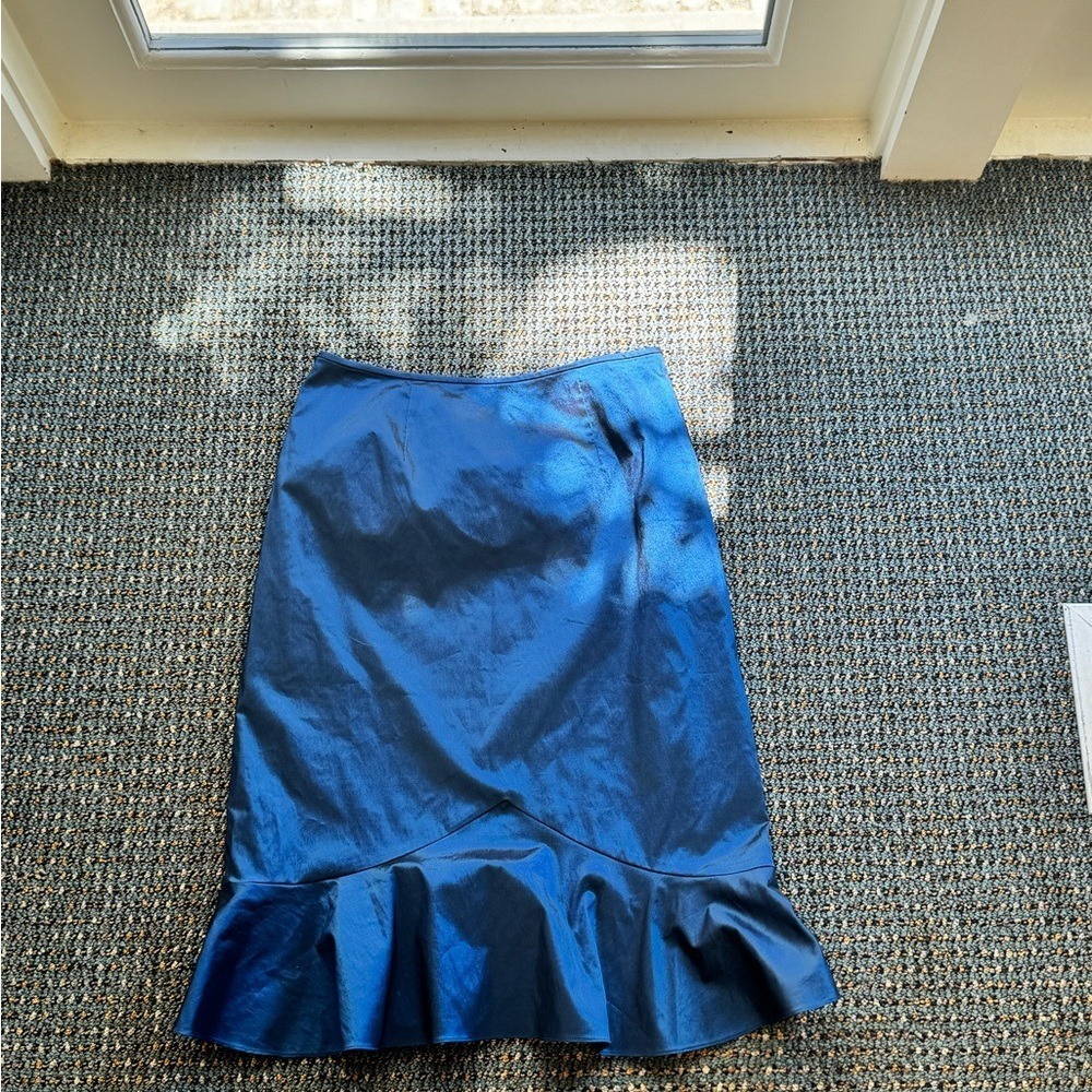 Adrianna Papell Evening Essentials Blue Metallic Ruffle Hem Midi Skirt Size 6